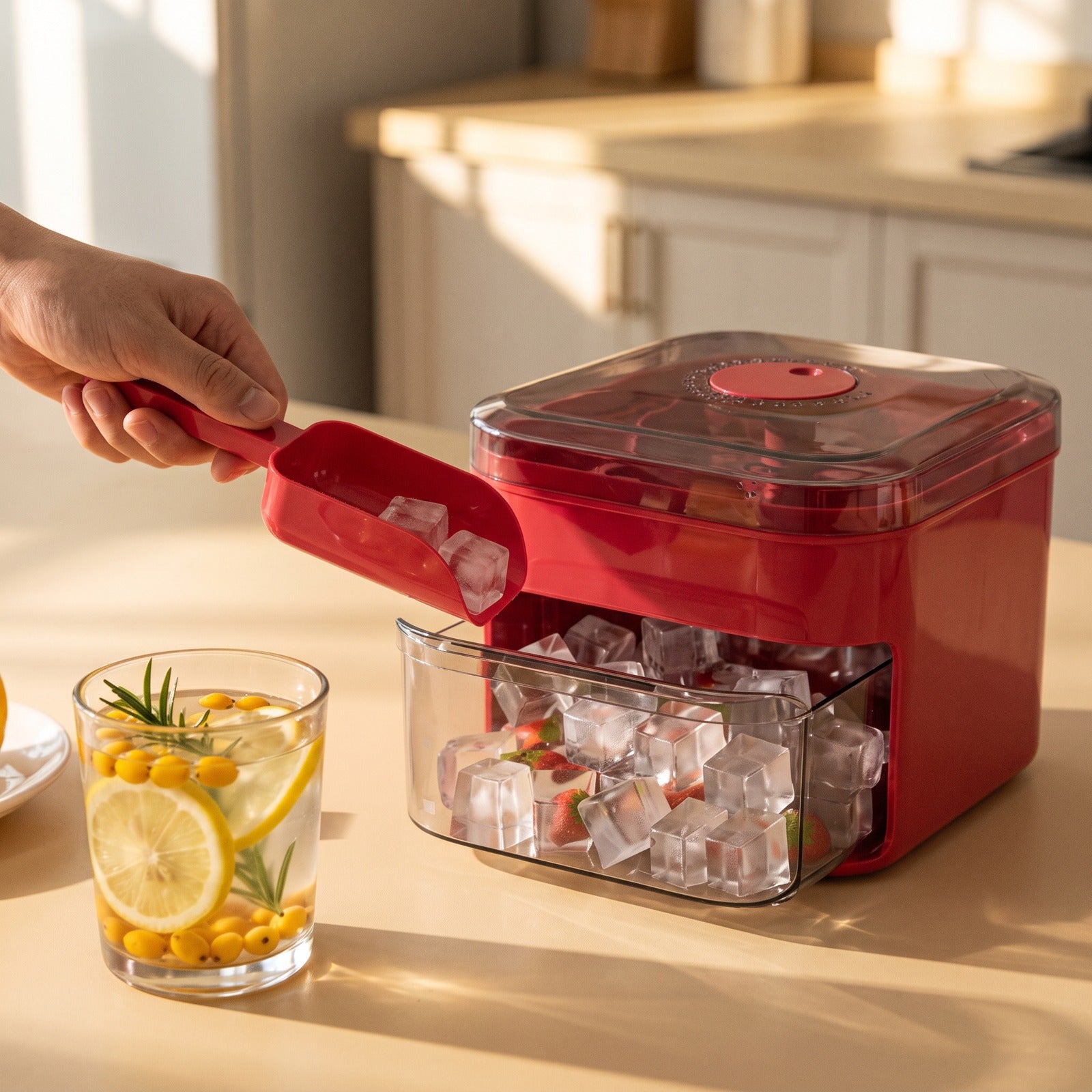 Scooping Ice Into Lemon Water